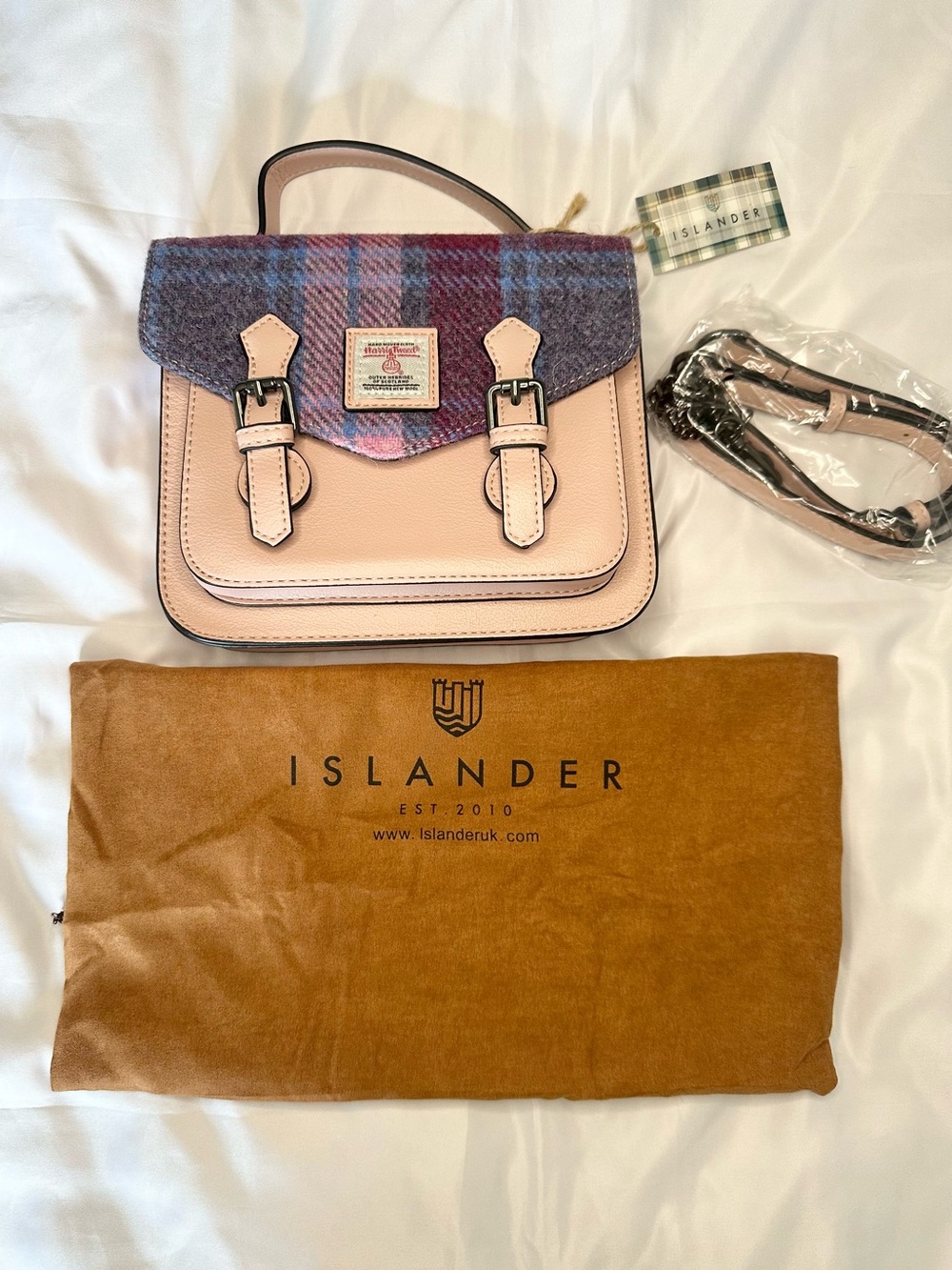NWT Islander UK Harris Tweed Pink Plaid Satchel Crossbody Bag Edinburgh